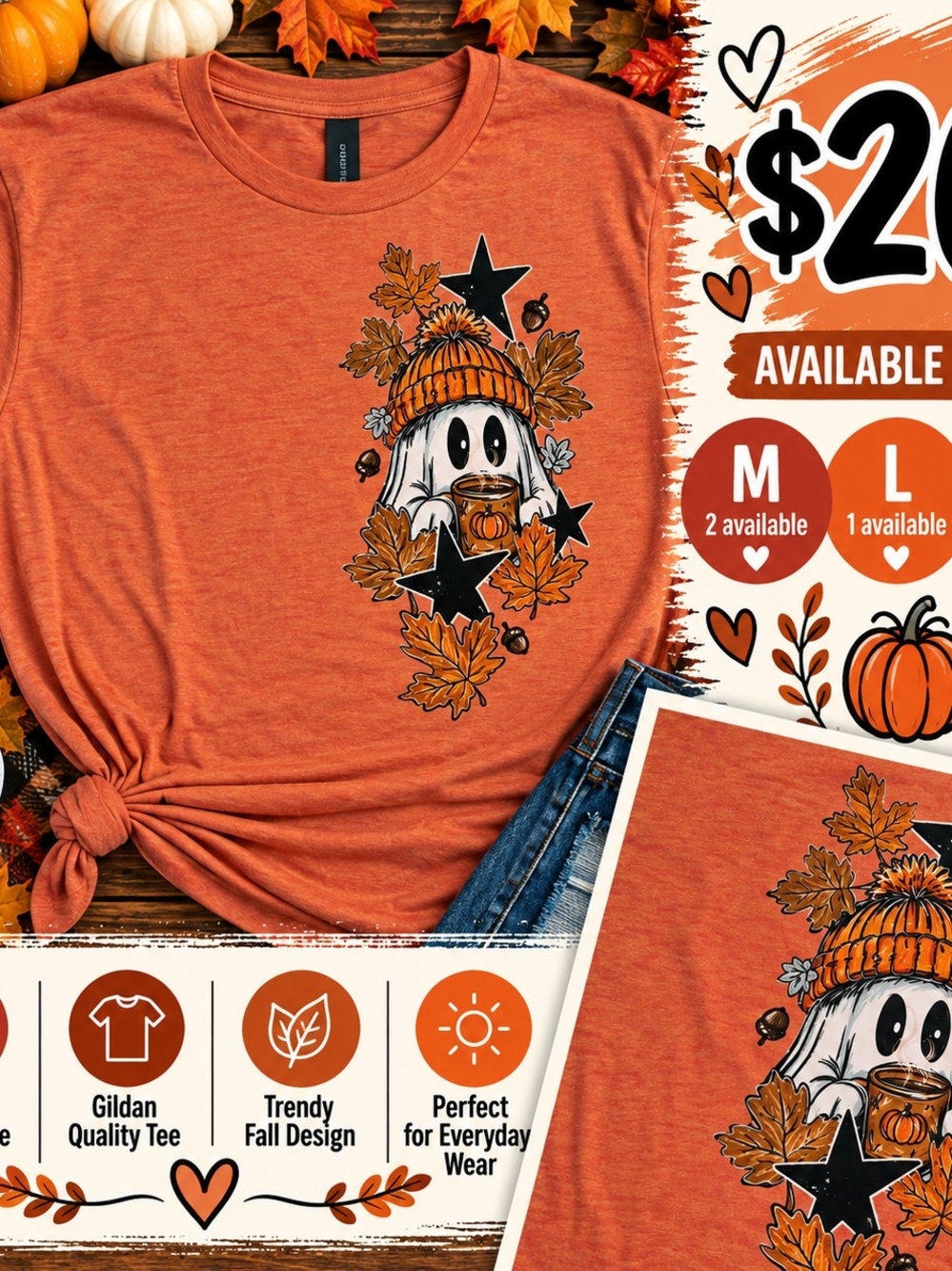 Gildan Orange Kids Short Sleeve Tee with Fall Ghost Graphic